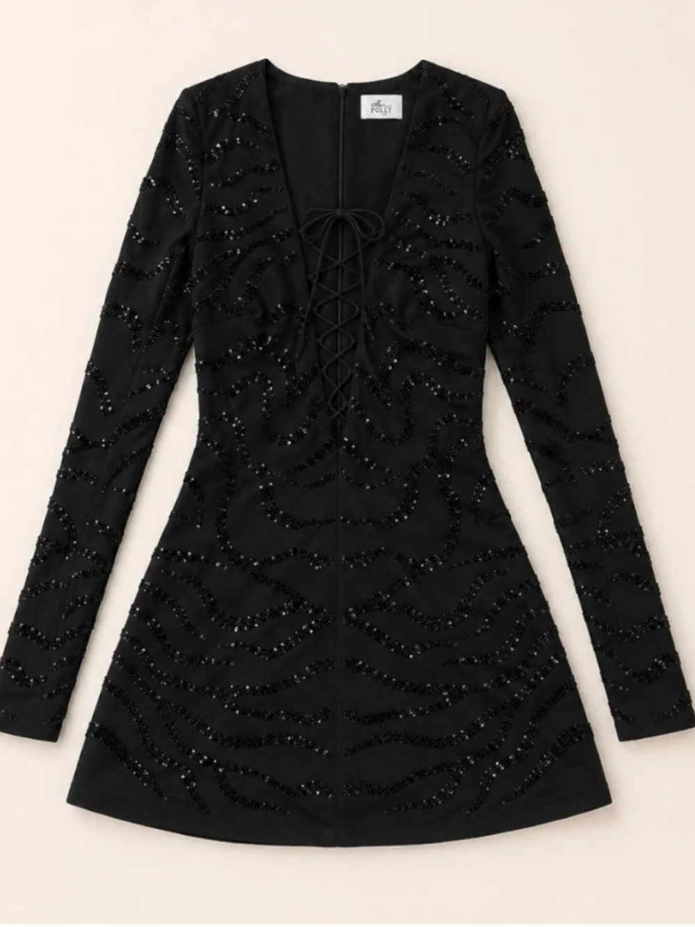 Black Lace-Up Deep V Long Sleeve Mini Dress - Picture 3 of 3
